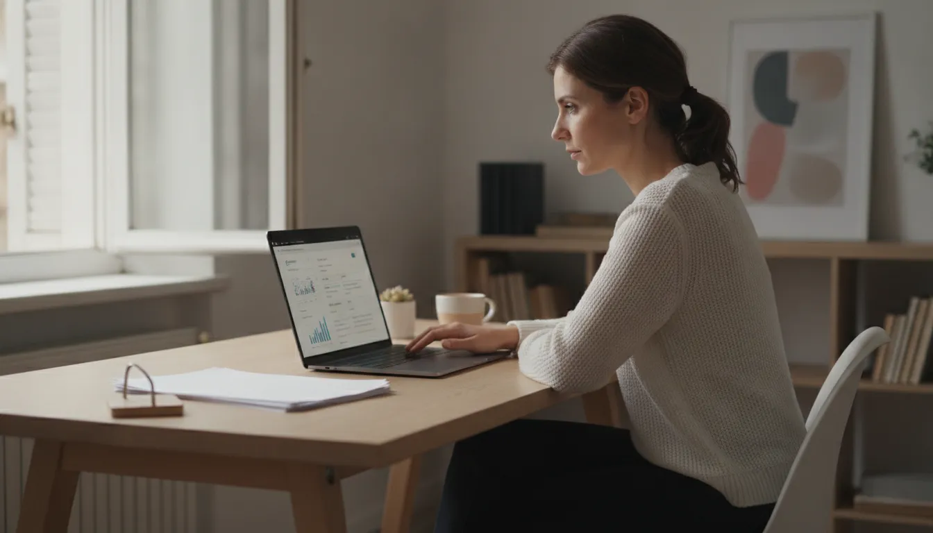 Mulher empreendedora concentrada em como abrir CNPJ online, usando laptop em casa, simplificando processos.