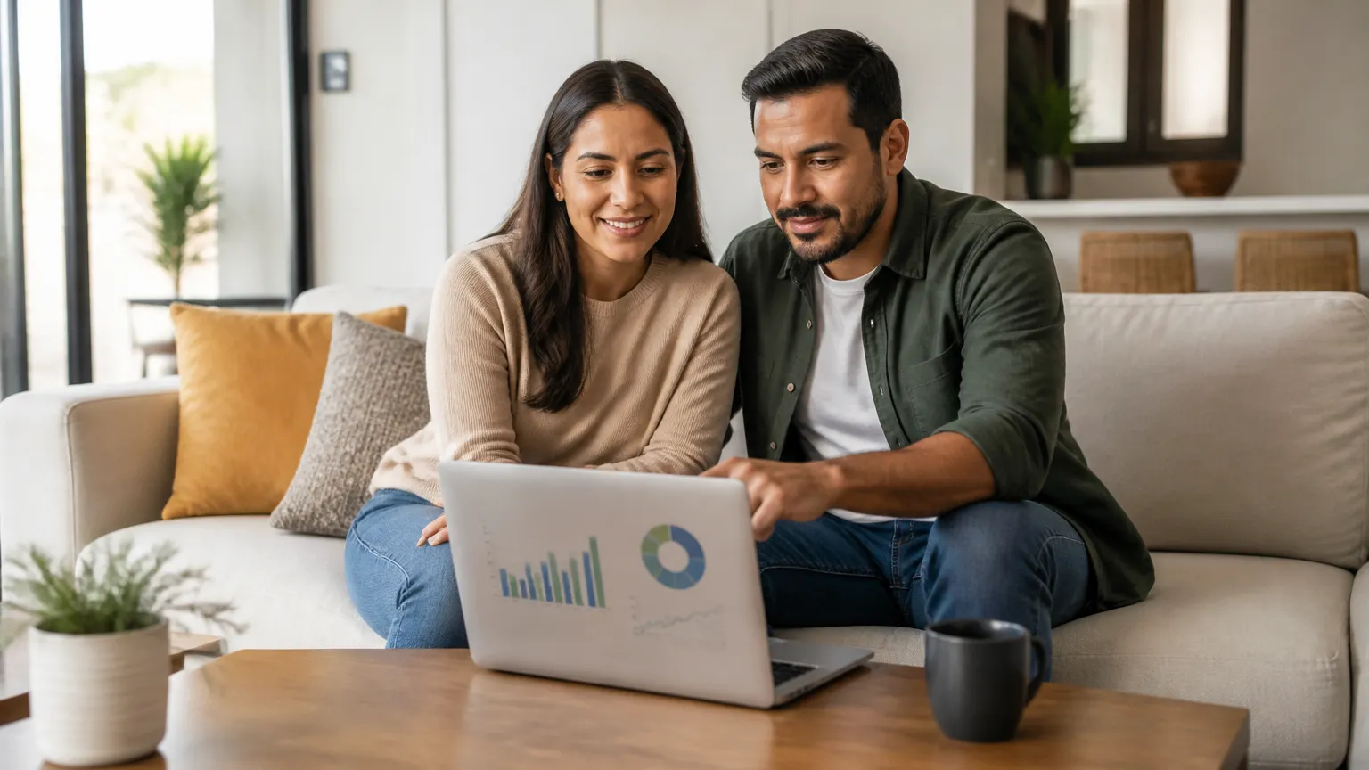 Casal conversando sobre como organizar as finanças antes de fazer uma dívida para financiar novo projeto.