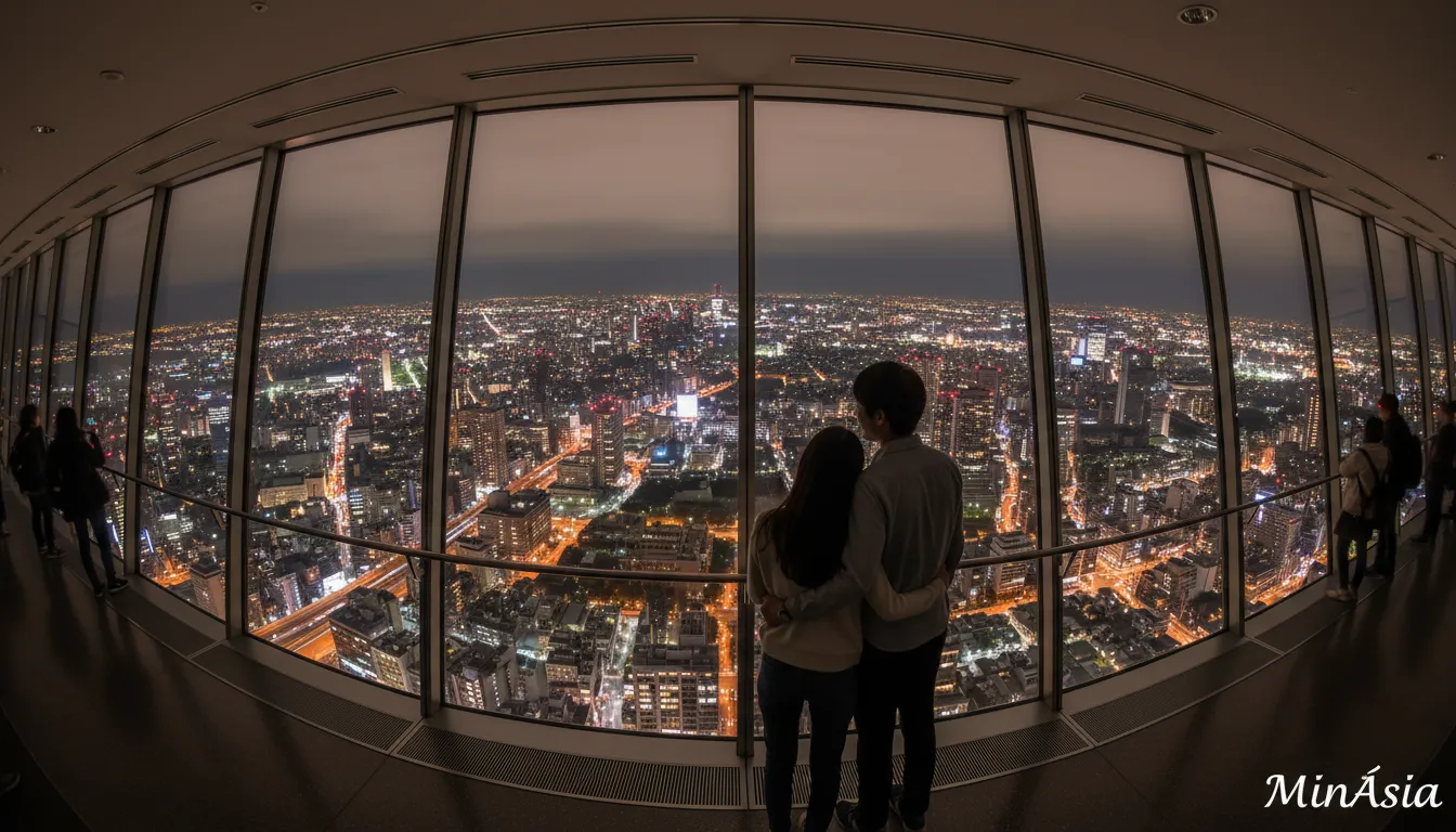 Visão da torre de Tóquio do ponto de observação, com o horizonte da cidade ao fundo.