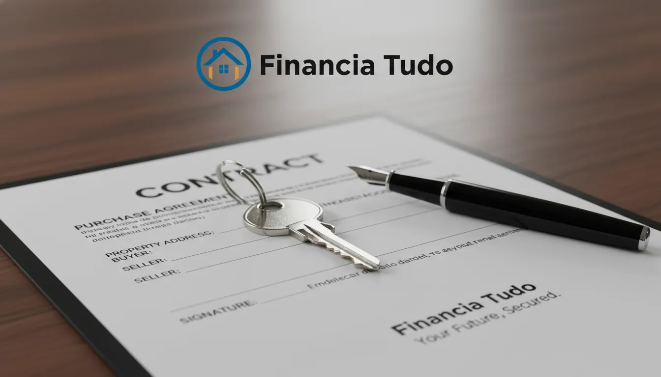 Detalhe de um contrato e chave de casa, ilustrando a segurança e a formalidade de um empréstimo com terreno em garantia, disponível na Financia Tudo.