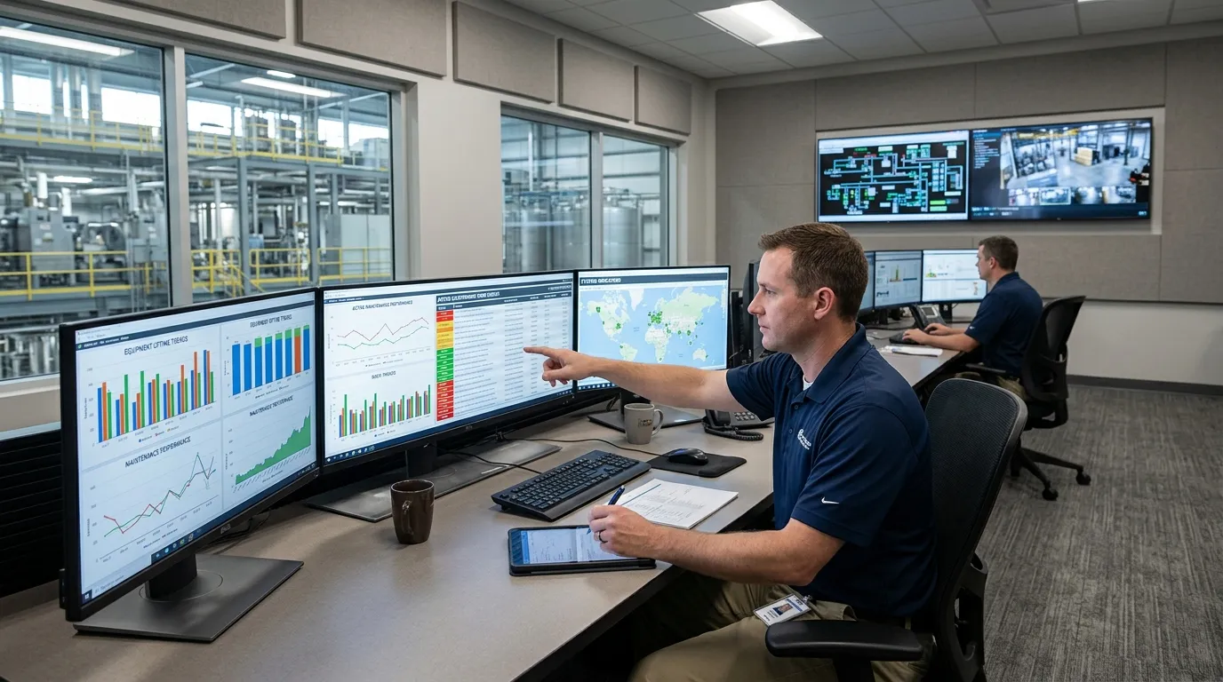 Sala de controle planejando ordens de manutenção corretiva e preventiva com eficiência.