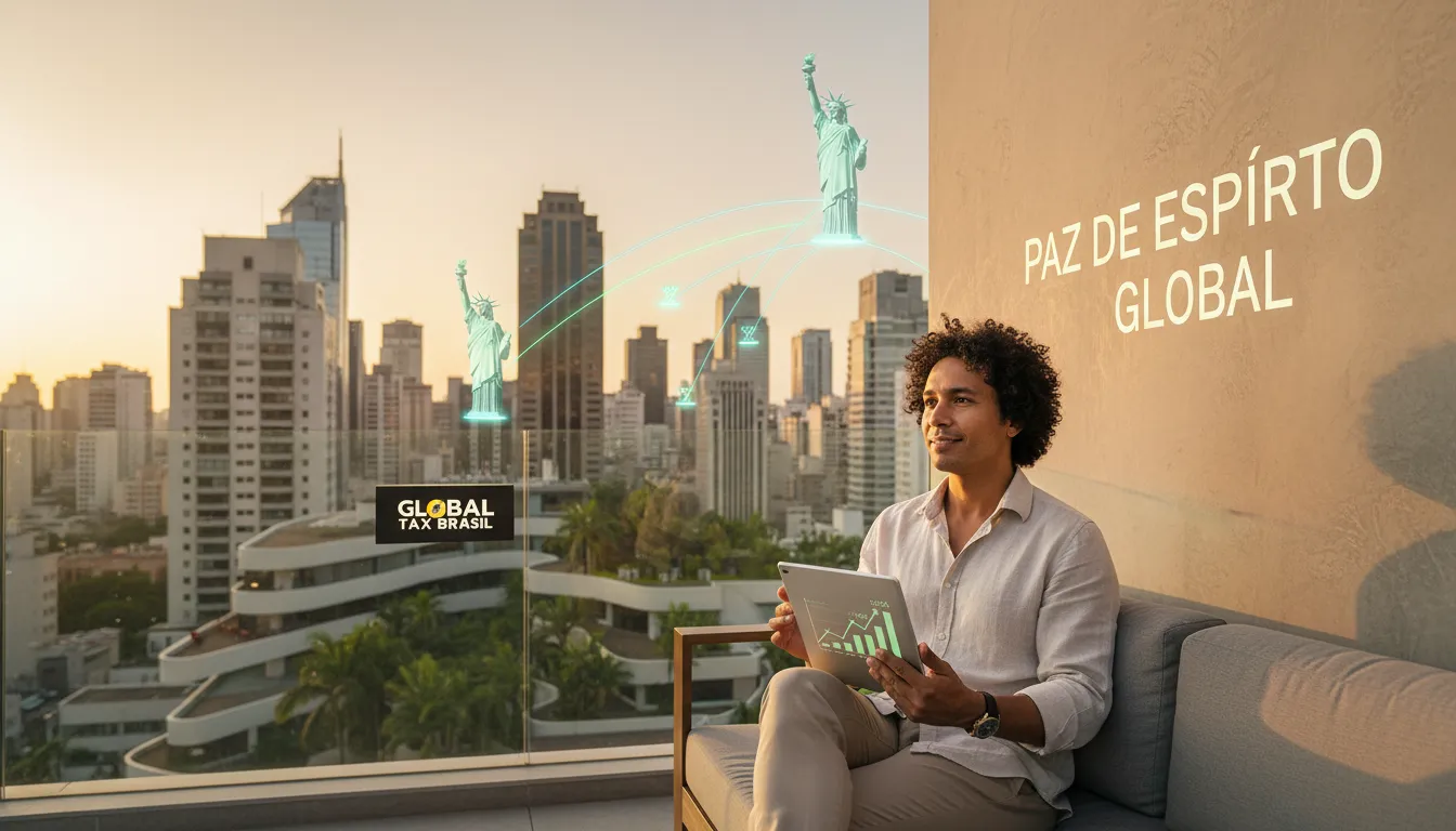 Pessoa relaxada com tablet, vista panorâmica global, simbolizando a paz de espírito após otimização da bitributação Brasil Estados Unidos.