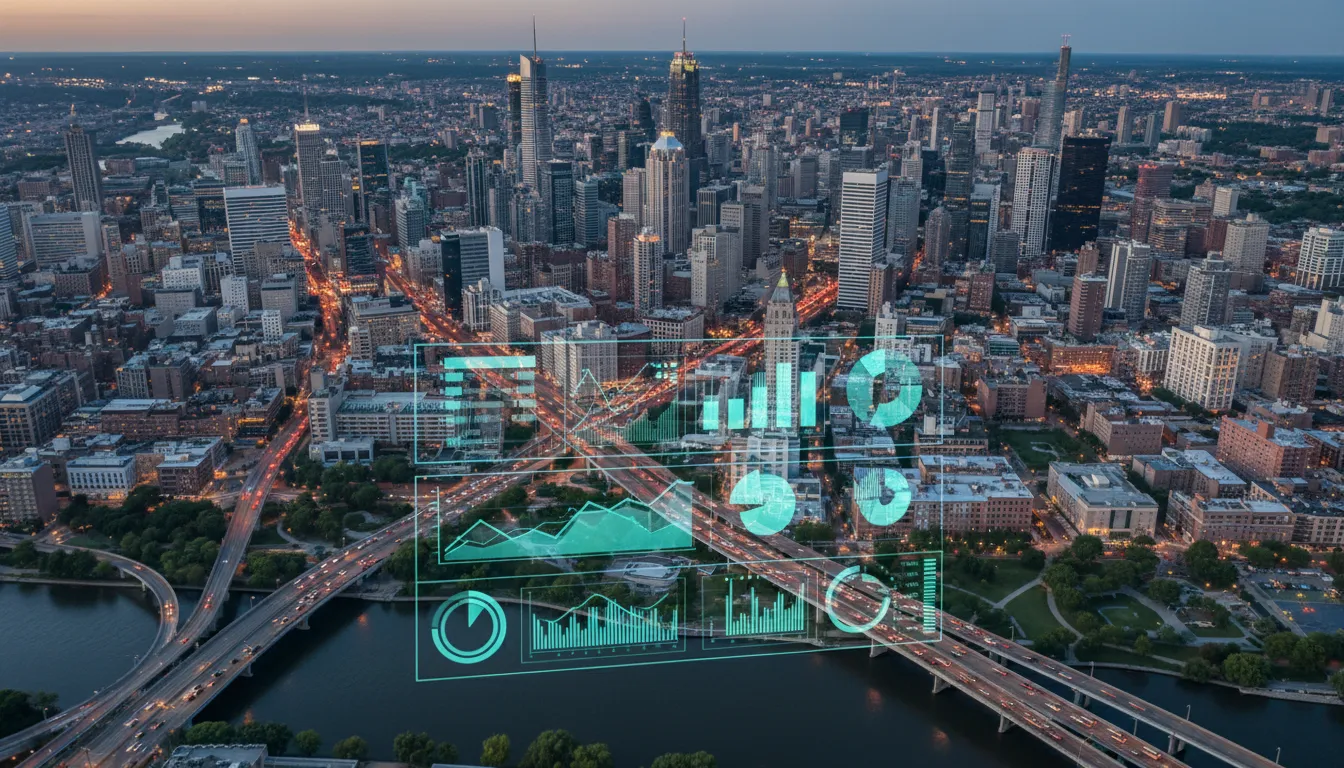 Visão aérea da cidade com dashboard financeiro, representando o planejamento financeiro antes de financiamento e investimento.