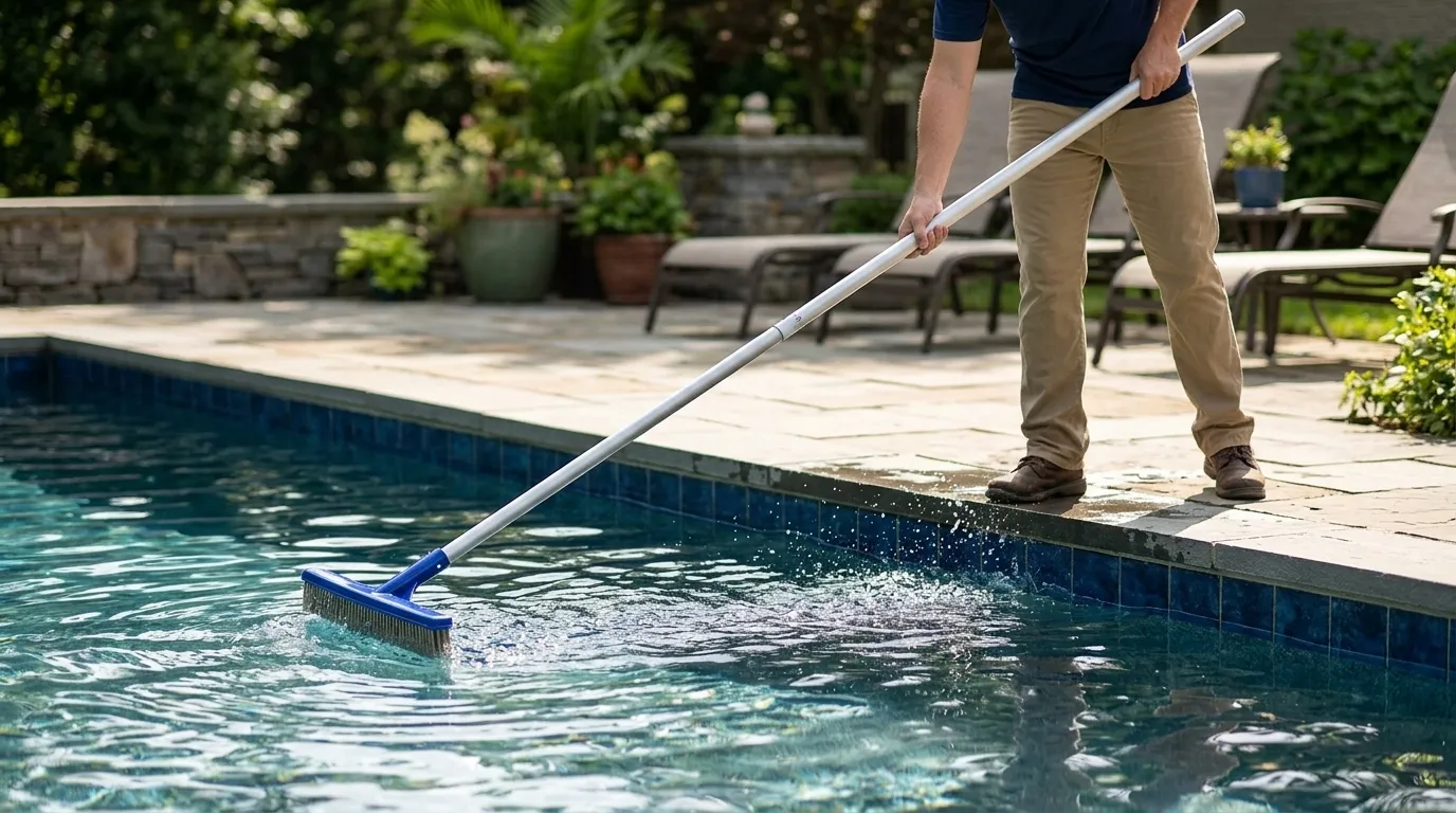 Pessoa limpando revestimento com escova piscina em água cristalina residencial