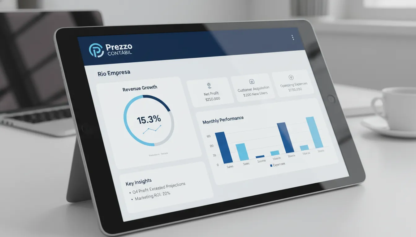 Visualização de um dashboard digital com dados financeiros para empresas, destacando a importância da gestão financeira na abertura de empresa no rio de janeiro, com a Prezzo Contábil.