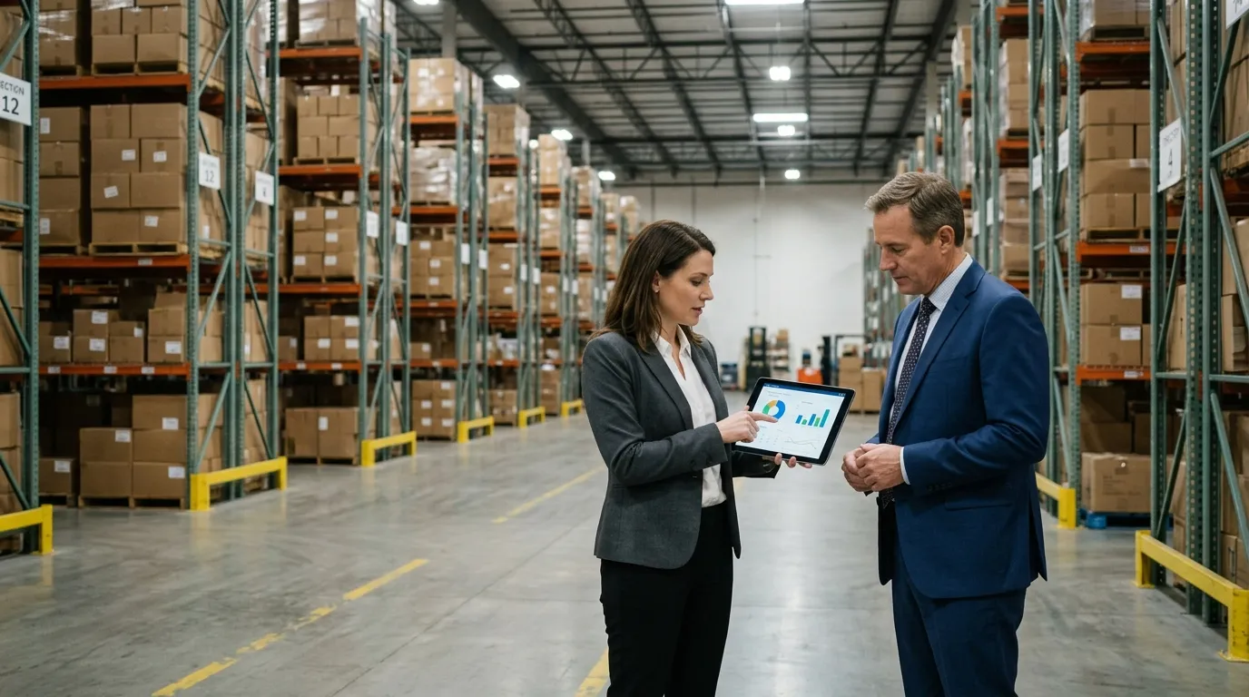 Gestores analisando regras de exclusividade no contrato de distribuição dentro de centro logístico moderno.