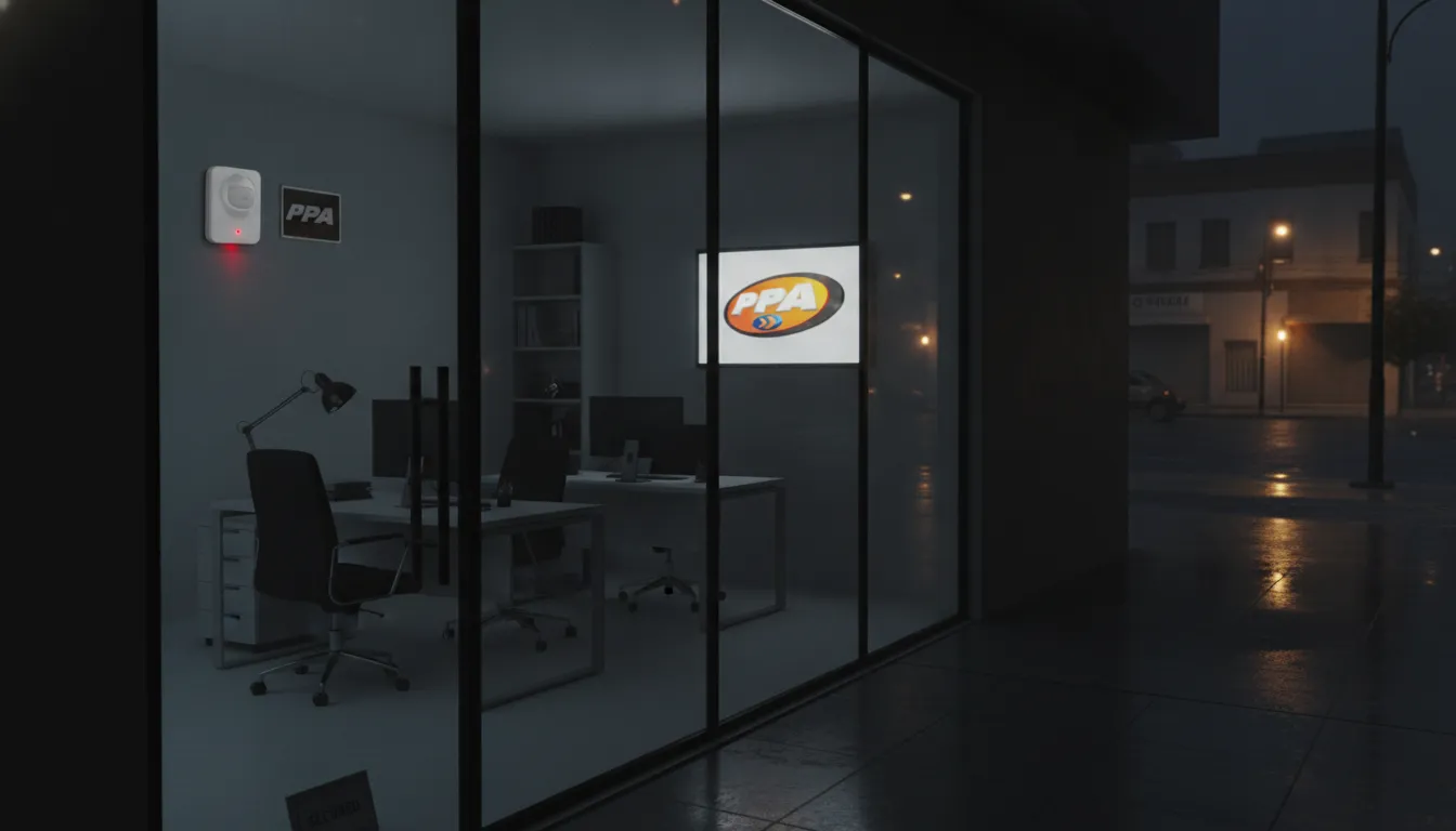 Sensor de movimento de alarmes PPA monitorando discretamente um escritório comercial à noite, garantindo proteção.