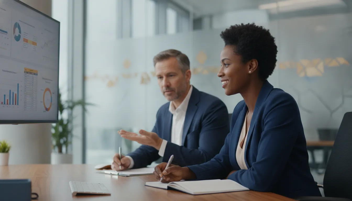 Consultor financeiro auxiliando cliente com metas financeiras pessoais, oferecendo suporte especializado.