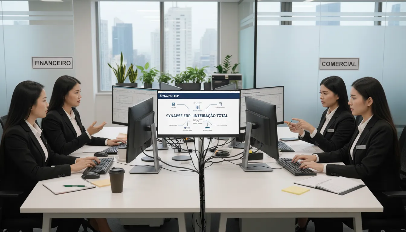 Colaboradores de setores diferentes compartilhando informações em um sistema de gestão empresarial integrado