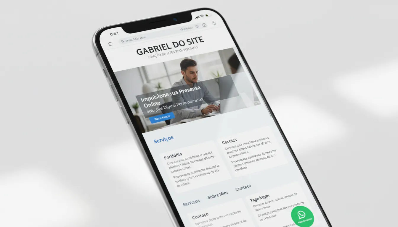 30 Ideias de CTA Prontos para Botões em Sites e Landing Pages 3 Tela de smartphone mostrando site do Gabriel do Site com botão Whatsapp destacado no canto.