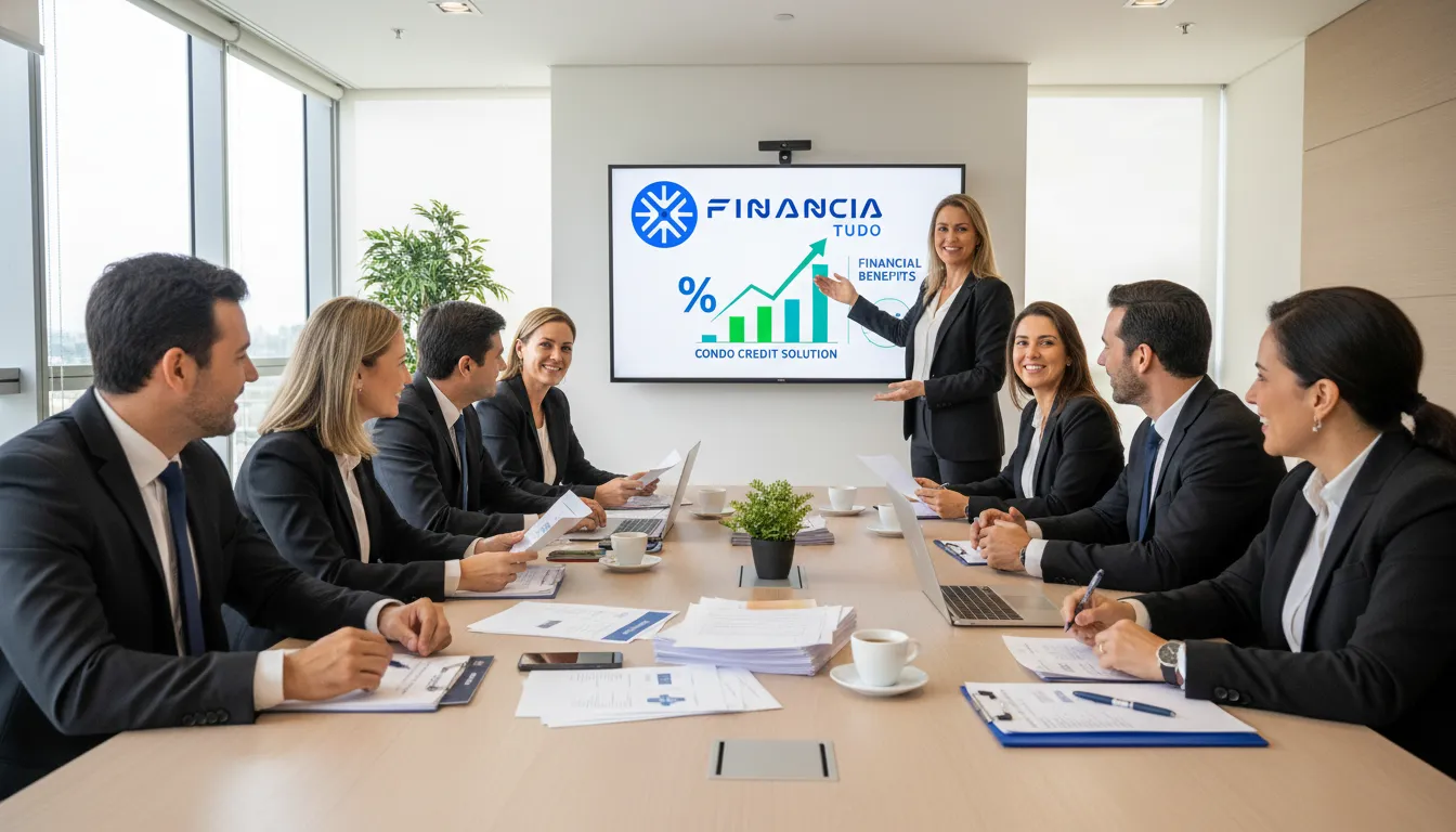 Reunião de condomínio com moradores analisando opções de crédito para condomínio da Financia Tudo em tela.