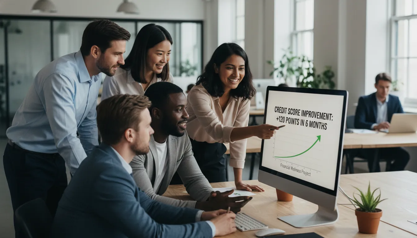 Profissionais analisando gráfico de evolução de score em ambiente de trabalho colaborativo