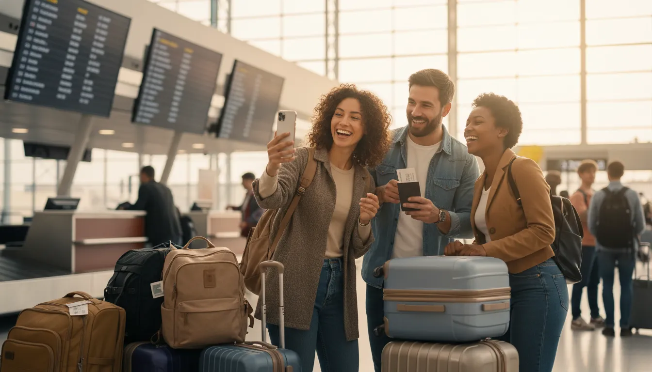 Amigos felizes no aeroporto, com malas, celebrando uma viagem possível pela transferência de milhas.