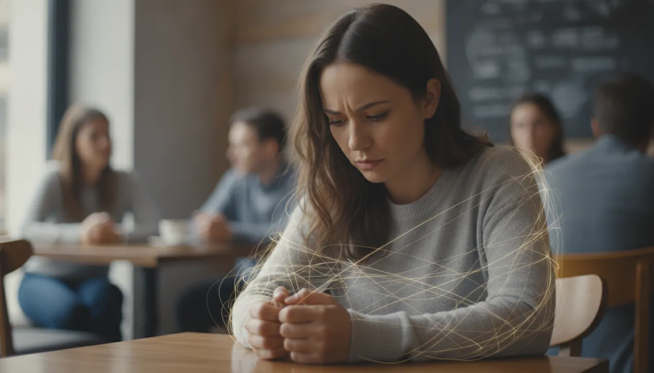 Mulher jovem pensativa em café, sentindo o peso do julgamento, limitando carreira e relacionamentos. Considere terapia online.
