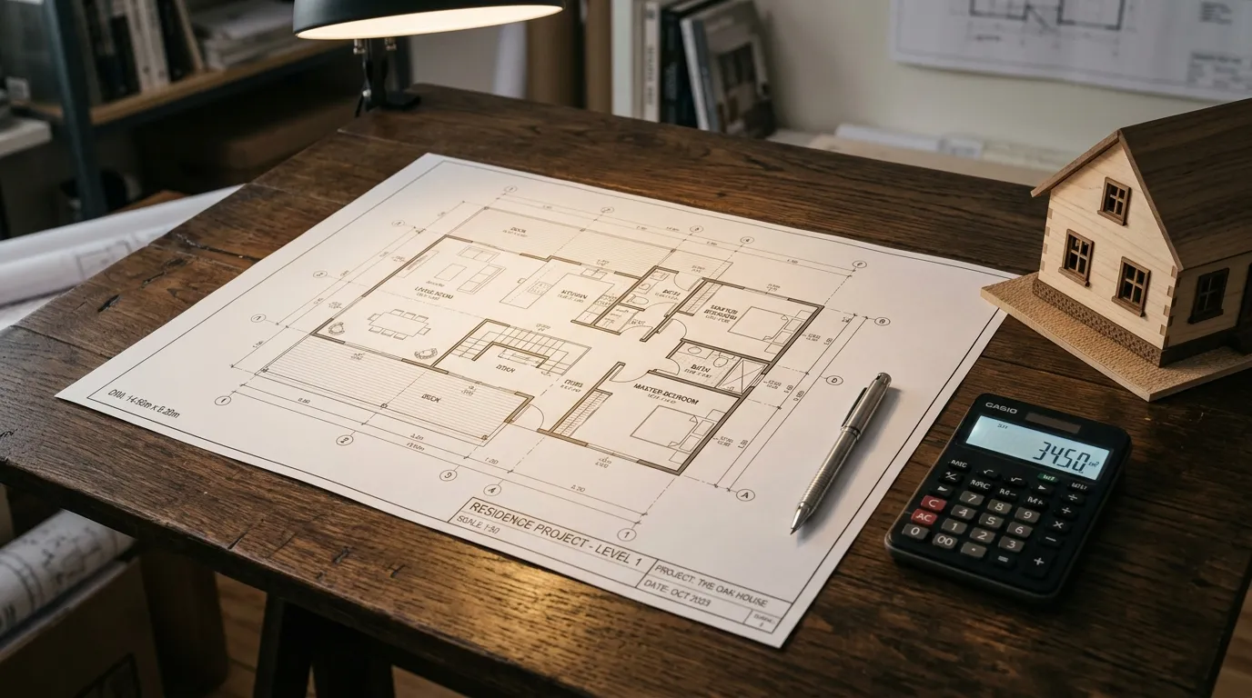 Planejamento detalhado durante a avaliação de imóvel para home equity sobre mesa de madeira escura.