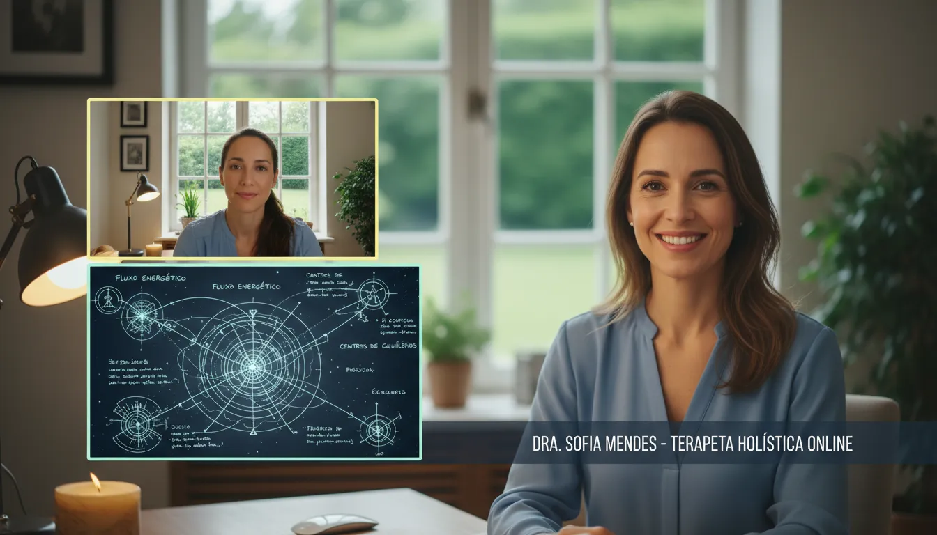 Terapeuta em vídeo chamada com cliente, compartilhando mapas durante consulta de radiestesia online