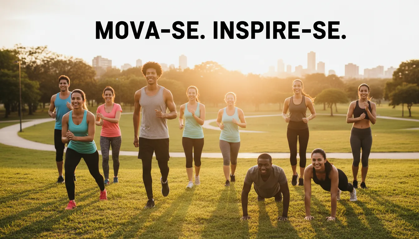 Grupo de pessoas praticando atividade física juntos ao ar livre, sorrindo e motivados.