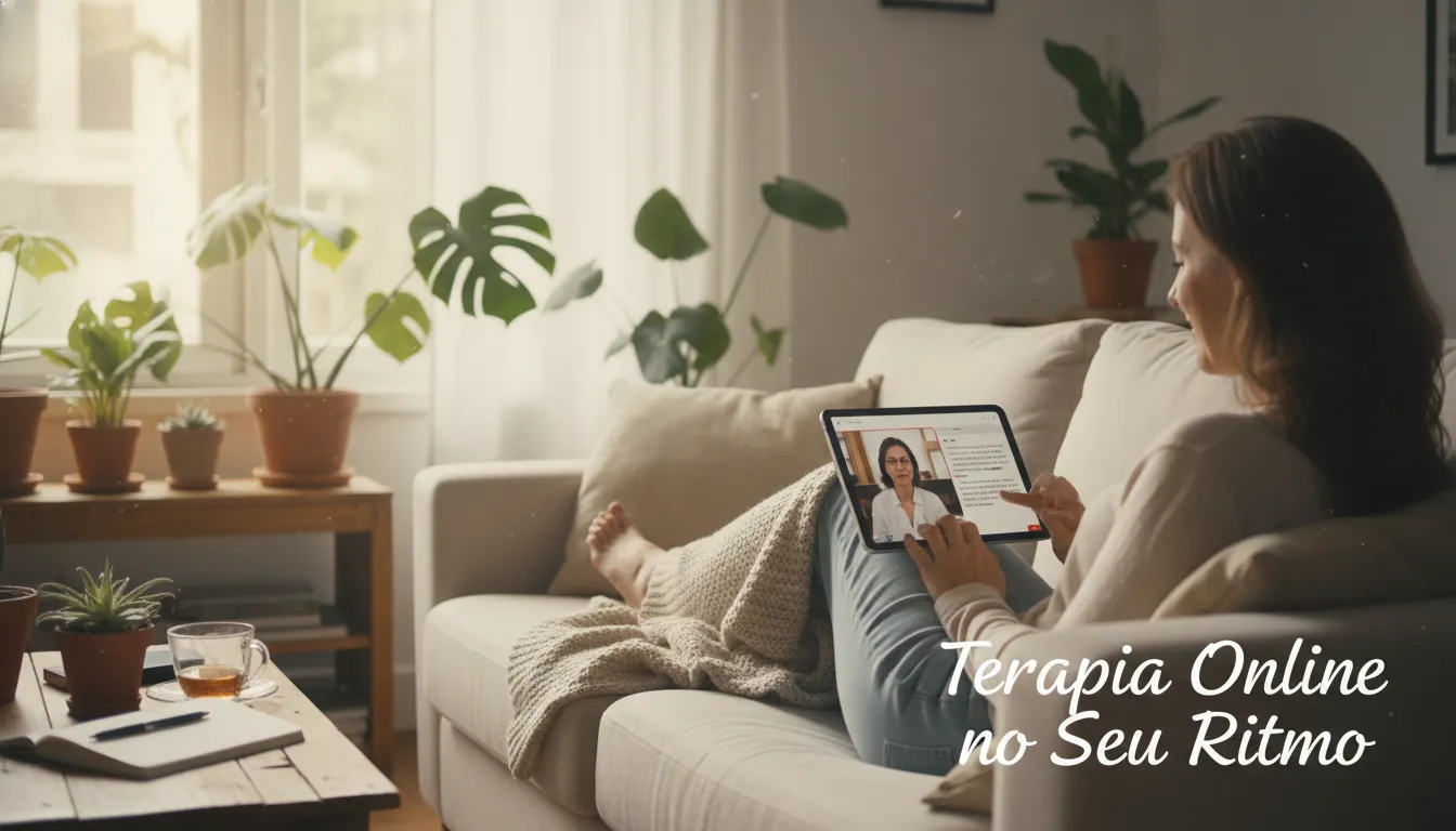 Terapeuta conduzindo uma sessão de terapia online, transmitindo bem-estar e conexão através do tratamento.