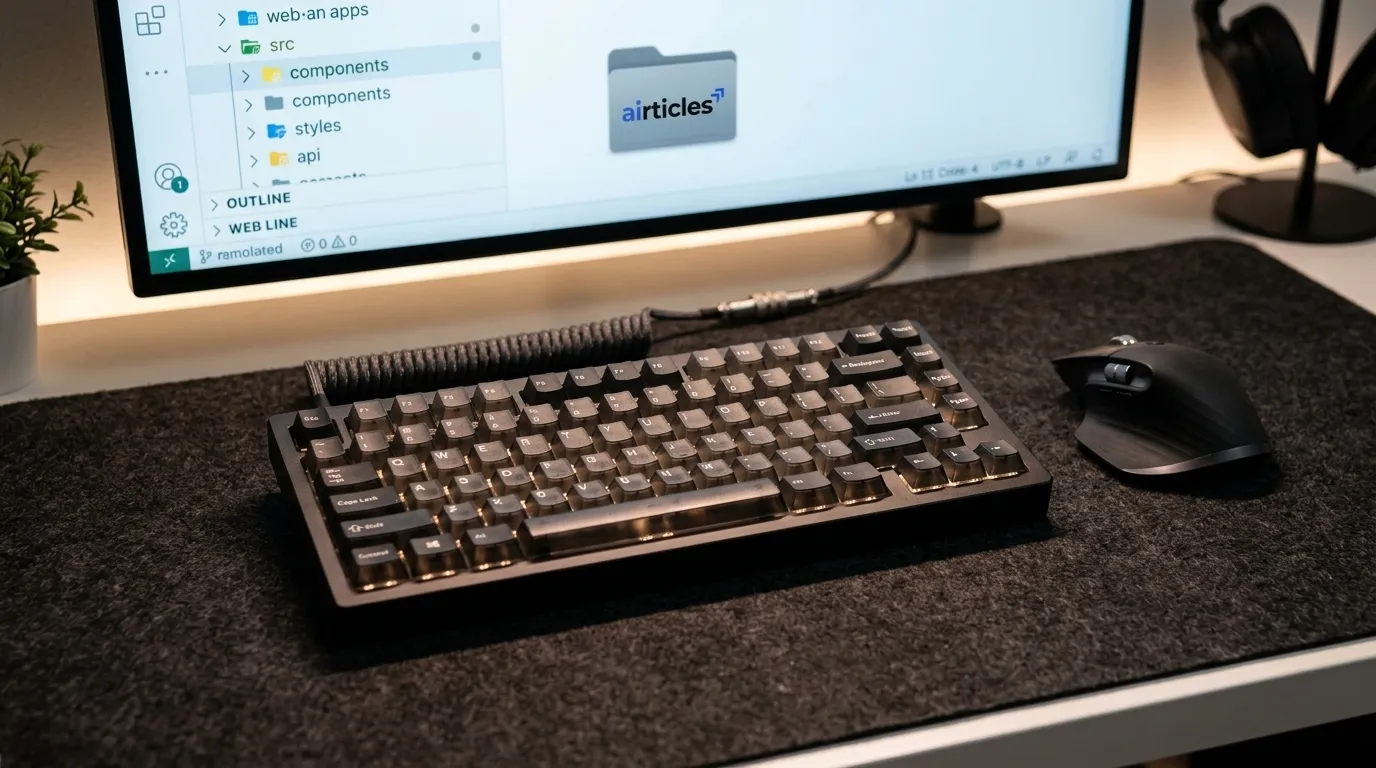 Teclado mecanico proximo a monitor que revela como você organiza front de um aplicativo.