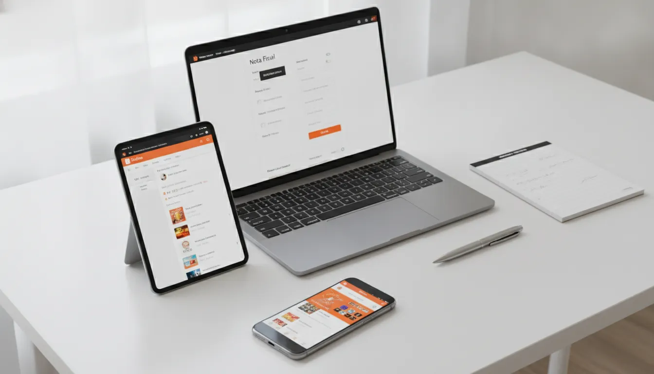 Múltiplos dispositivos digitais exibindo plataforma Shopee e interface para emitir nota fiscal, destacando digitalização.