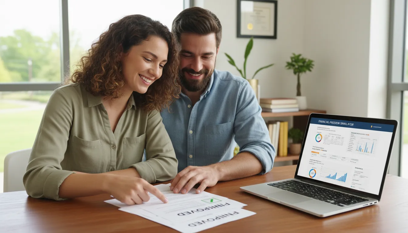 Casal feliz diante de documentos aprovados e simulação financeira online simbolizando contratação consciente.