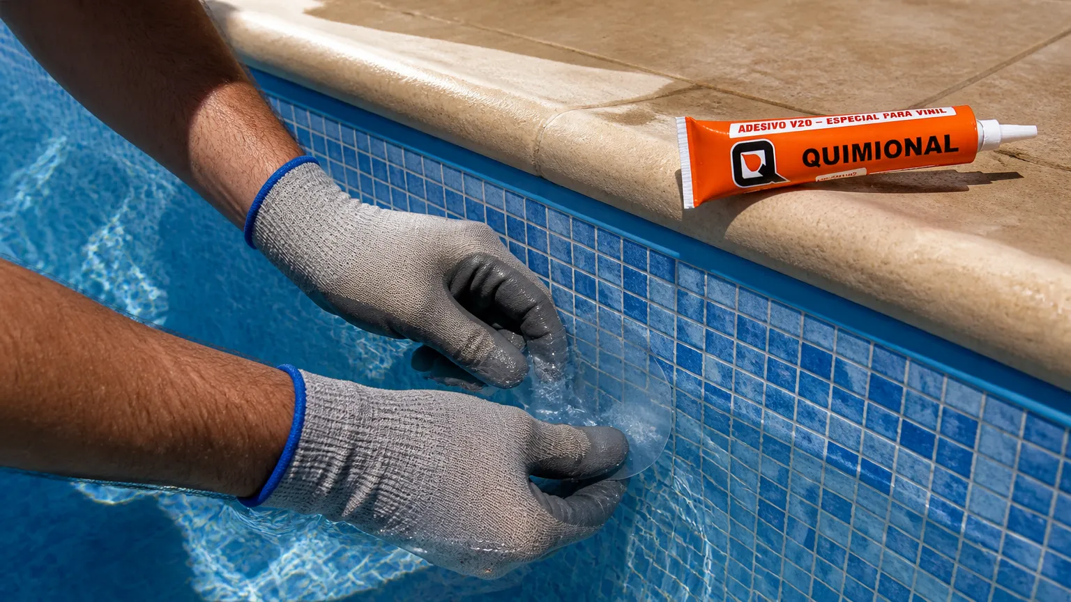 Aplicação de reparo para piscina de vinil submerso com adesivo especial para vedar rasgos.