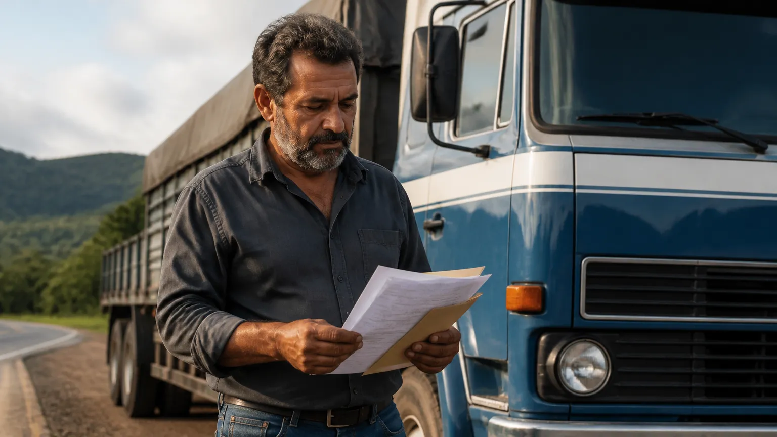 Motorista autônomo analisando documentos de empréstimo com caminhão antigo em garantia.