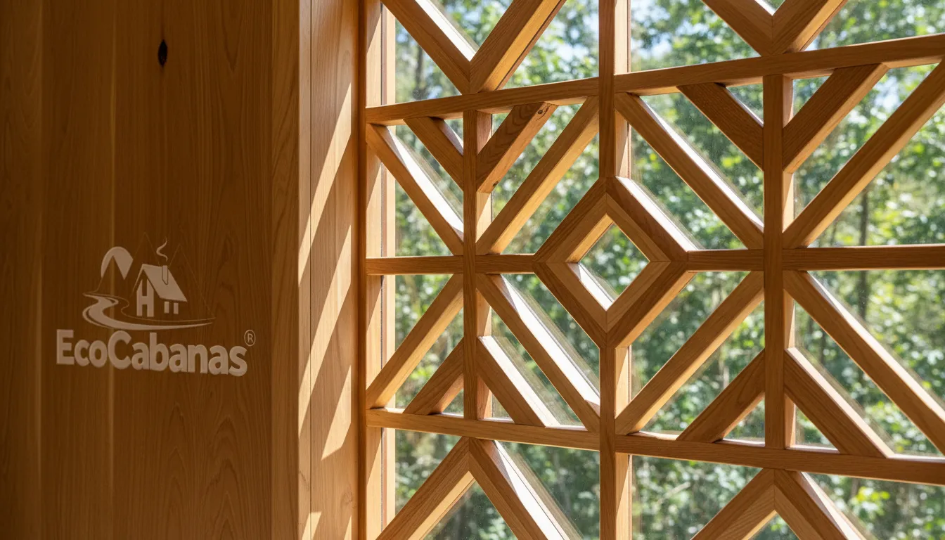 Detalhe de uma janela de madeira artesanal em uma moderna eco-cabana, destacando o design geométrico e a sustentabilidade dos materiais.