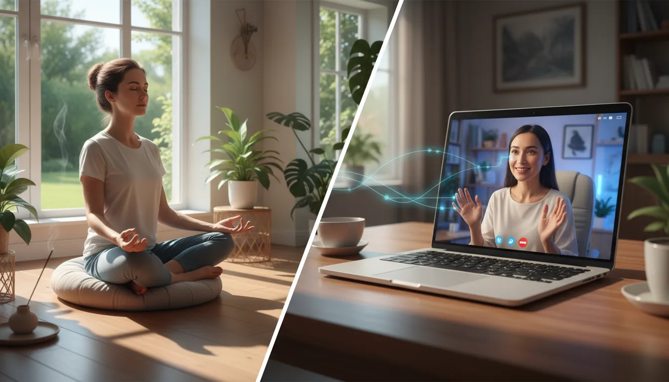 Sessão de Reiki online: meditação guiada à distância, mostrando os benefícios do tratamento energético e do Reiki.