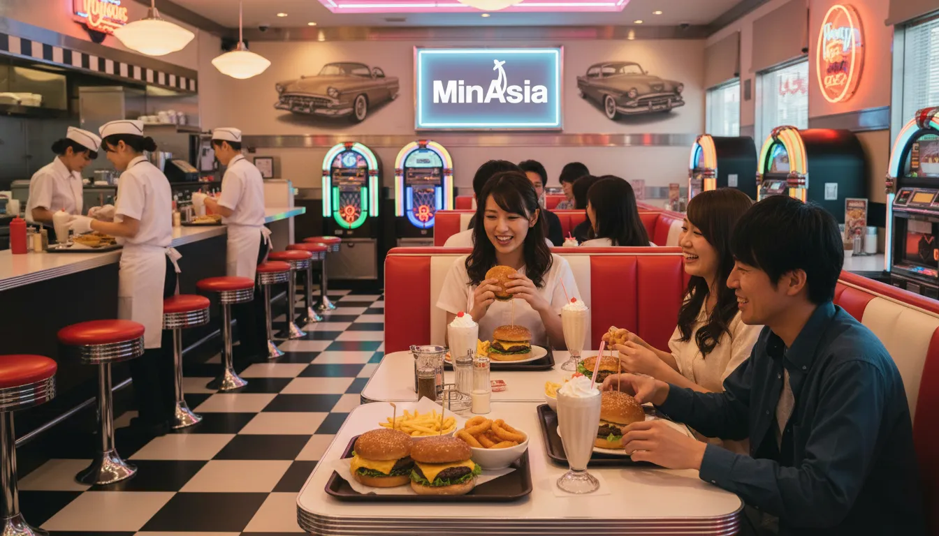 Restaurante temático com design americano clássico dos anos 50 no Universal Studios Japan, com detalhes realistas.