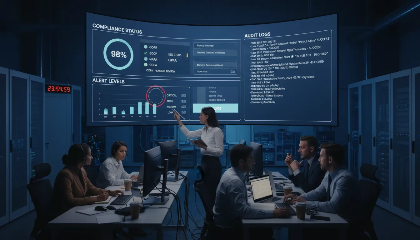Centro de operações de segurança com painel de indicadores em tempo real e equipe monitorando e discutindo conformidade e auditorias.