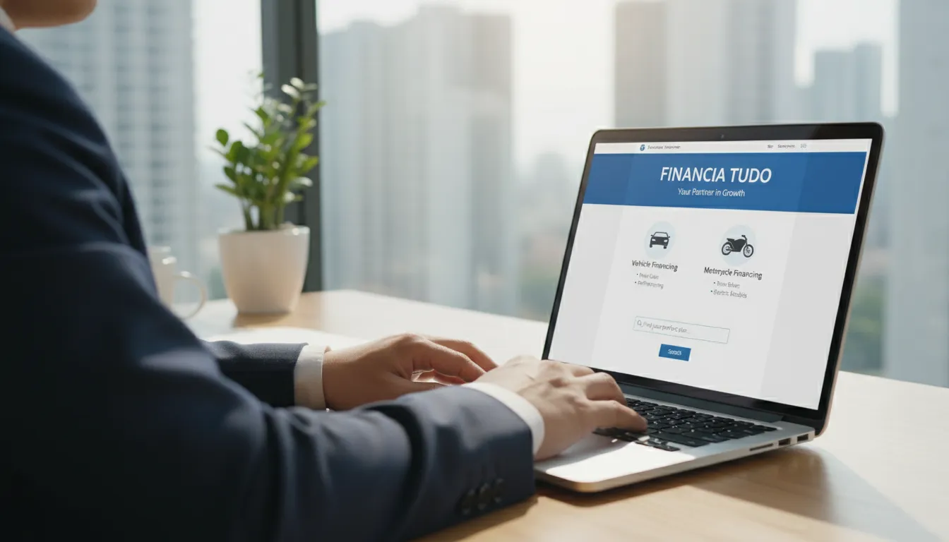 Homem de negócios usando um laptop, com foco na tela exibindo o site da Financia Tudo e informações sobre opções de financiamento de vans.