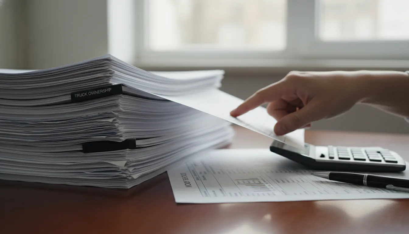 Documentos financeiros para financiamento caminhoneiro organizados em mesa, mostrando importância da revisão.