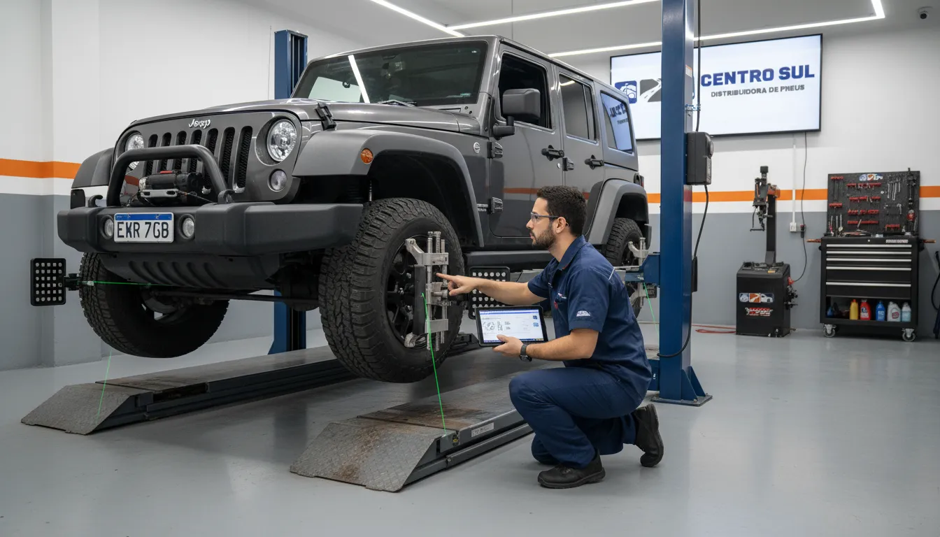 Pneu para carro 4x4 recebendo geometria 3D e balanceamento na Centro Sul.
