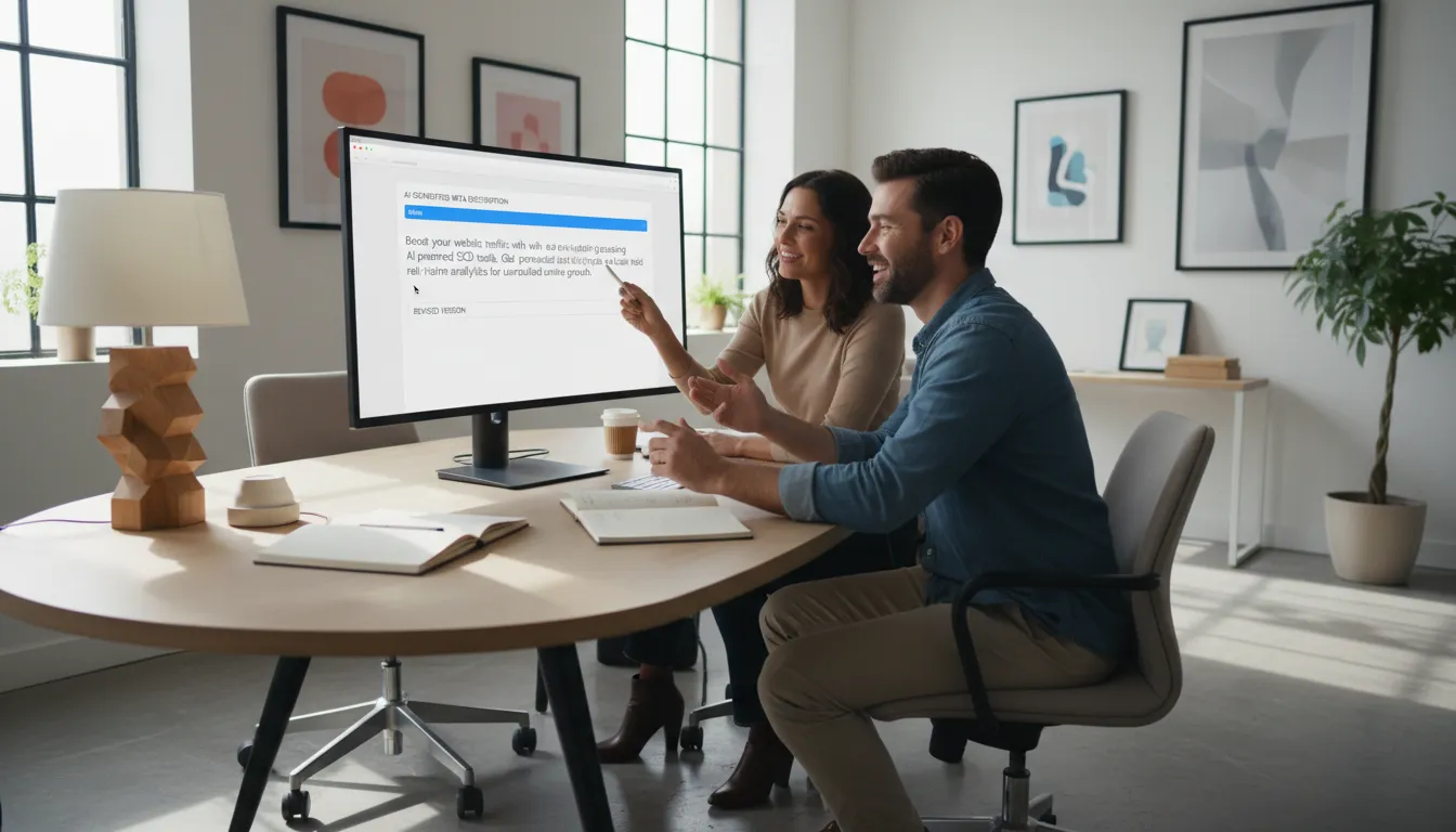 IA para Geração de Conteúdo: Blog Post, Meta Description, Headlines 1 Colaboração revisando sugestões de meta description geradas por IA em ambiente moderno.