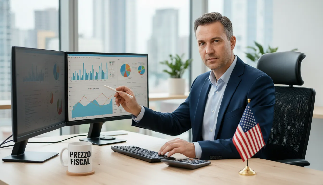 Contador trabajando en gráficos financieros, representando la consultoría fiscal necesaria para la apertura de empresa en estados unidos con Prezzo Consulting.