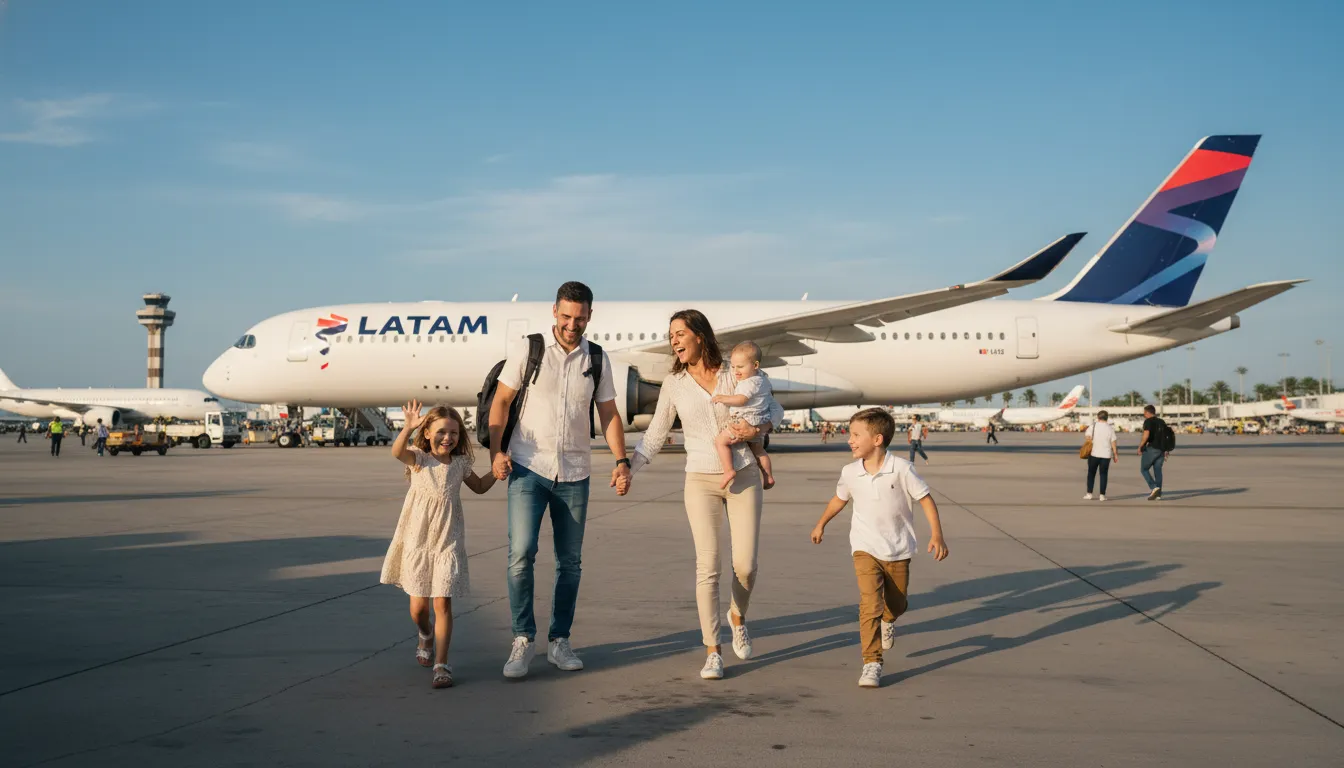Família feliz desembarcando de avião LATAM, celebrando viagem realizada com o programa de fidelidade Multiplus.