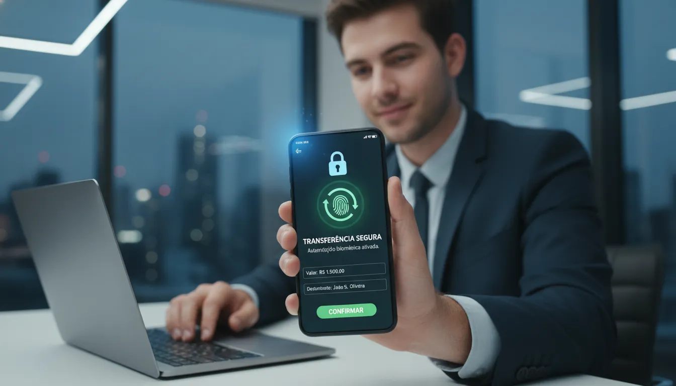 Jovem faz transferência bancária em app mostrando ícones de segurança digital e sensação de proteção