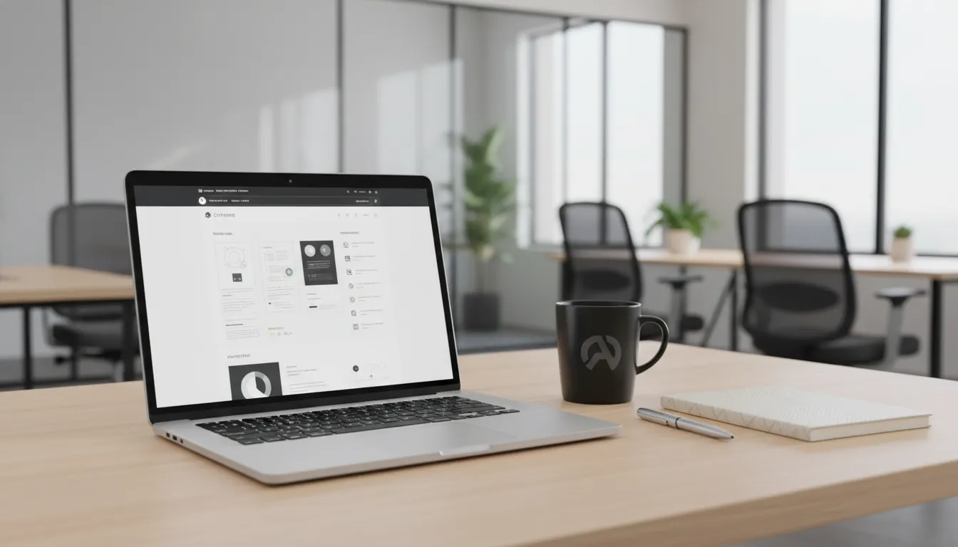 Mesa minimalista com laptop Airticles.ai exibe ferramentas de criação de conteúdo para branding e otimização.