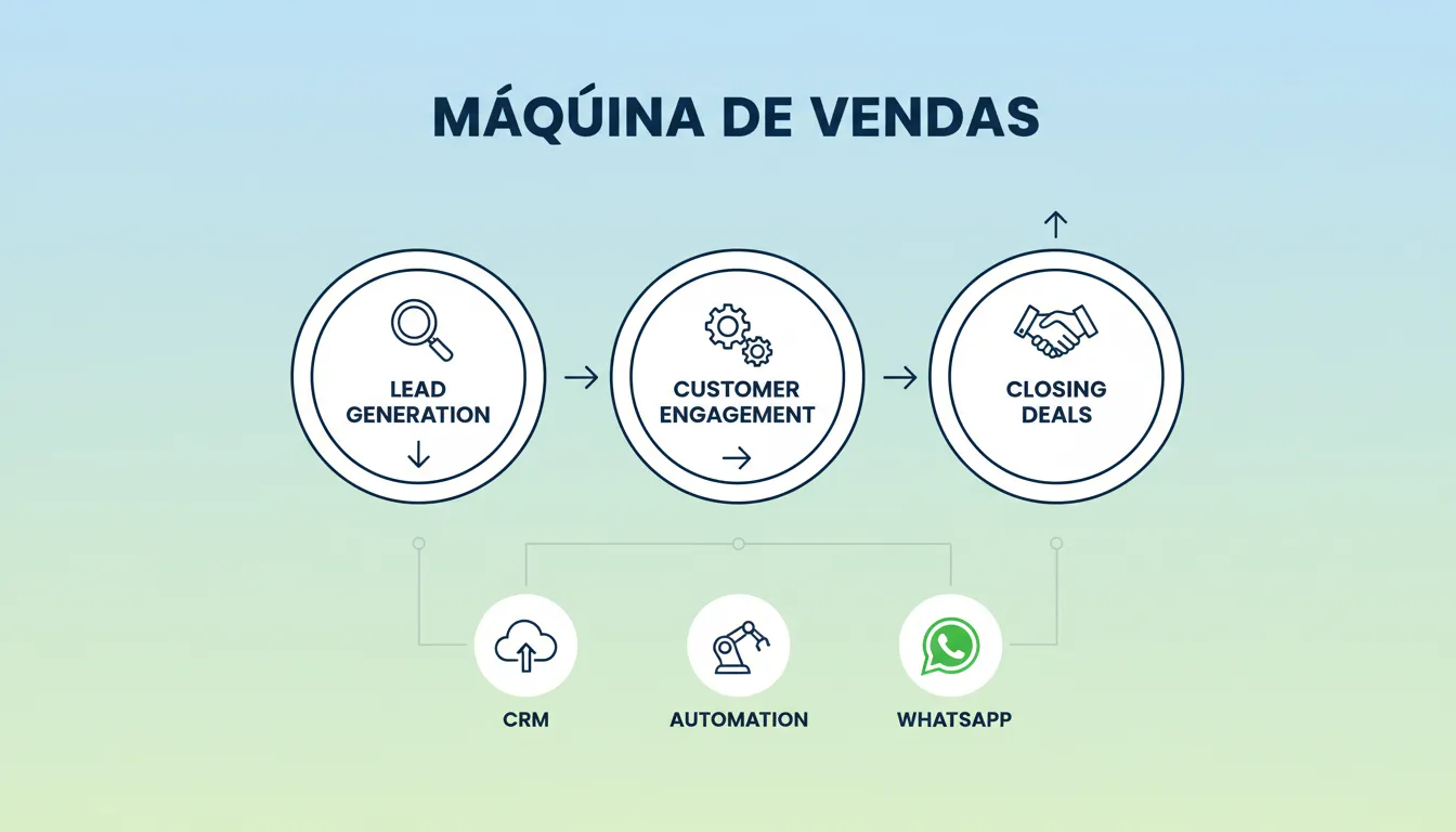 Infográfico da Máquina de Vendas com etapas de captação e fechamento.