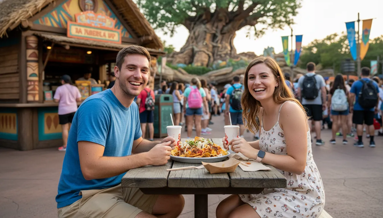 Casal feliz desfrutando de uma refeição acessível em um parque da Disney World, demonstrando economia.