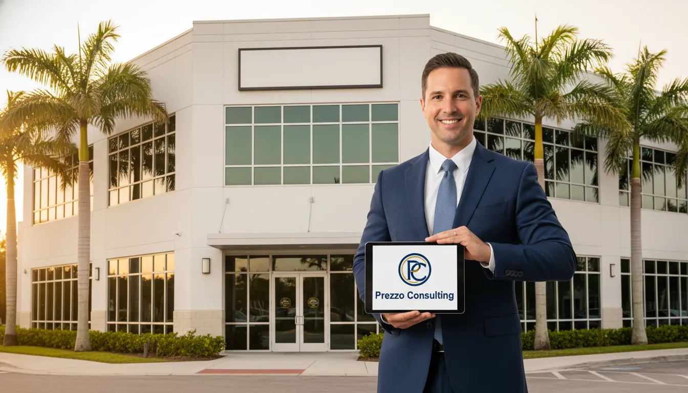 A confident businessman in front of his new Florida business, highlighting the support of Prezzo Consulting in opening a LLC in Florida.