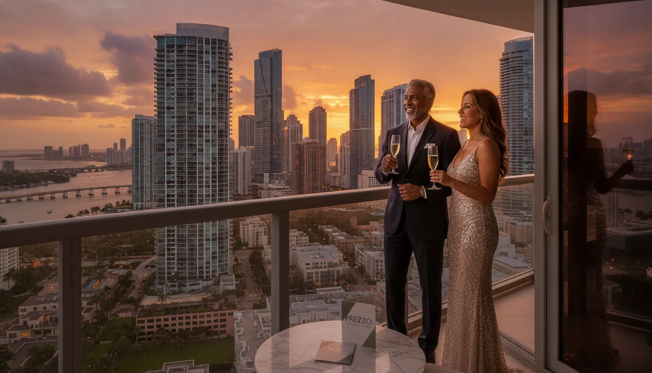Casal celebra sucesso investindo em imoveis EUA com offshore, desfrutando vista de cidade americana ao pôr do sol.