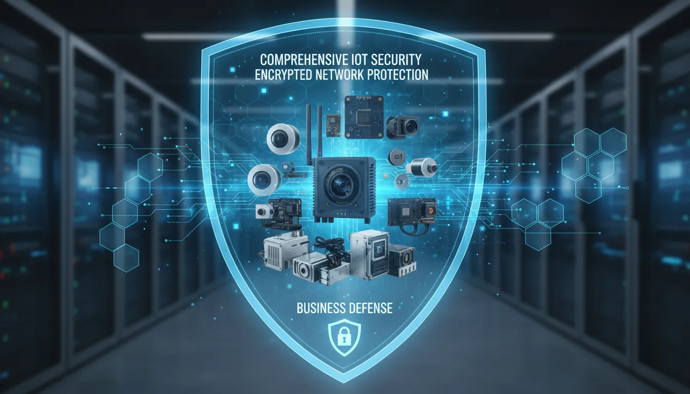 Escudo digital protege grupo de dispositivos inteligentes, simbolizando segurança abrangente e rede criptografada.