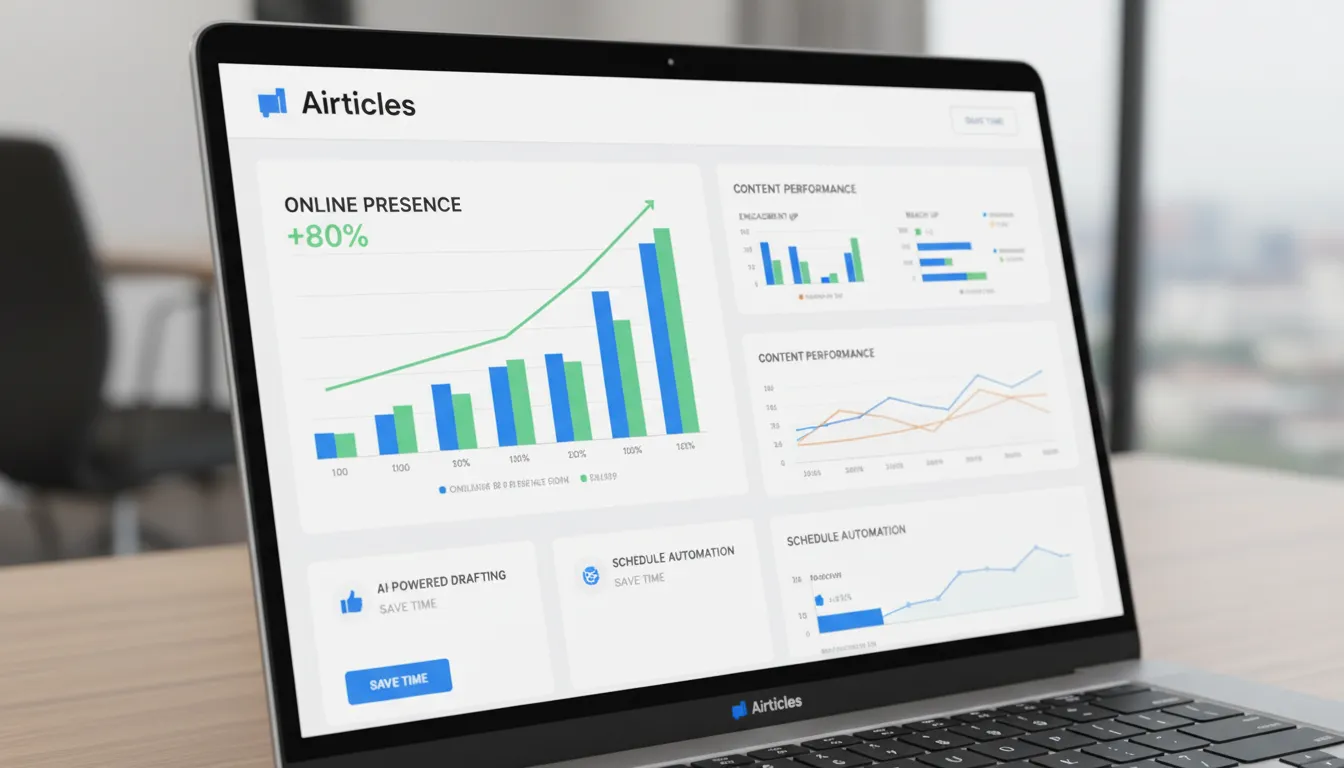 Laptop displaying Airticles interface, emphasising time-saving features from the AIOS Squad for online content.