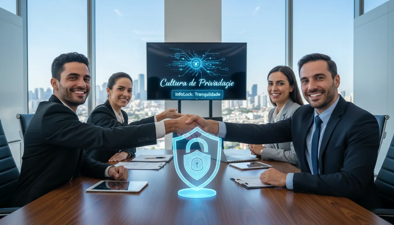 Time executivo confiante, simbolizando a paz de espírito e a confiança gerada por uma robusta cultura de privacidade.