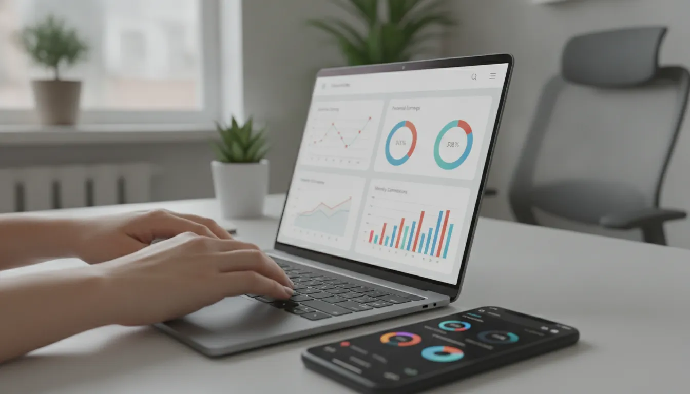 Mãos digitando em laptop com dashboard de ganhos, mostrando quanto ganha um afiliado de crédito.
