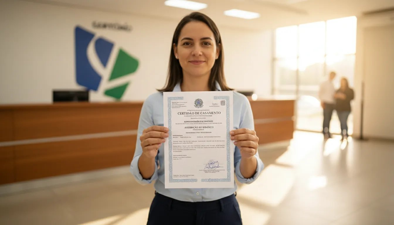 Pessoa sorrindo e segurando documentos atualizados em cartório, representando a conclusão bem-sucedida da homologacao divorcio estrangeiro.