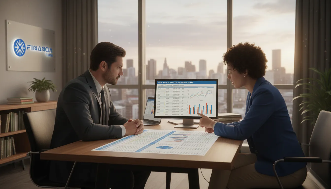 Consultor financeiro da Financia Tudo orienta cliente sobre financiamento de ônibus para sua empresa, analisando projeções financeiras.