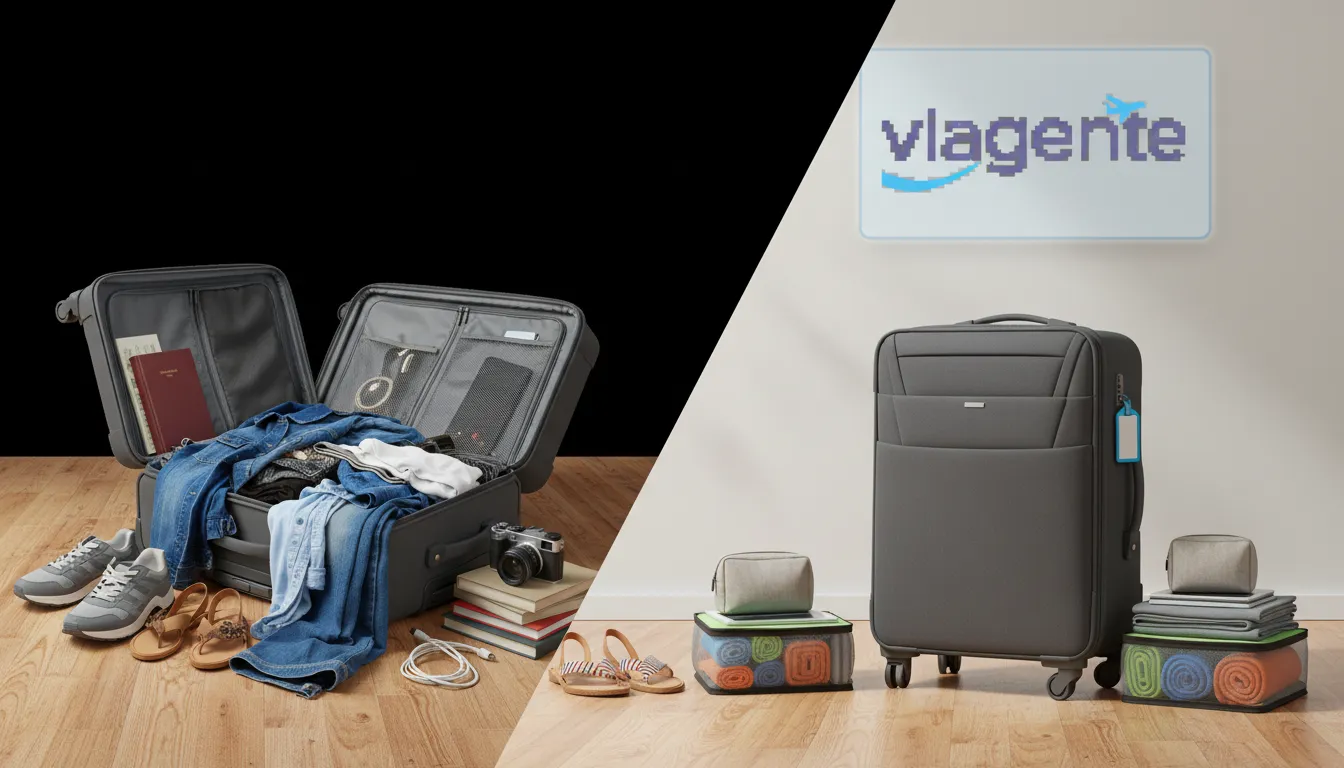 Ilustração comparando uma bagagem de mão desorganizada antes e depois da organização, destacando a eficiência do uso de técnicas e acessórios para otimizar o espaço.